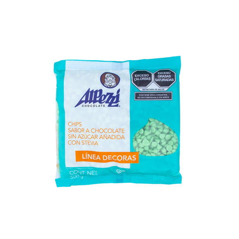 Chips sabor chocolate color verde pastel sugar free Alpezzi